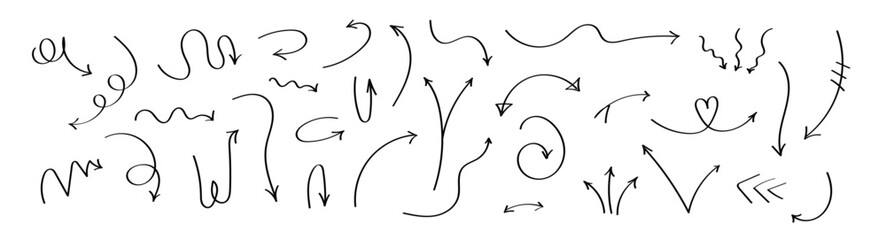 Set of various hand drawn vector design freehand arrows doodle on transparent background. Collection of thin brush drawn arrows. Template element childish naive doodle vector illustration.