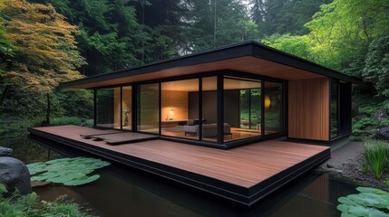 Obraz premium Modern house with wood panels and garden in Japanese style, architectural photography