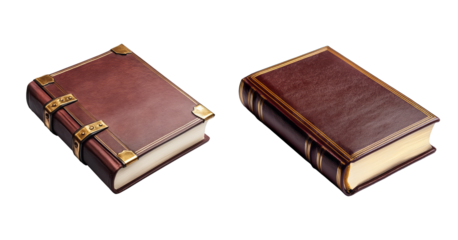 Collection of two antique leather-bound books with brass clasps, isolated on a transparent background, ideal for vintage literature concept