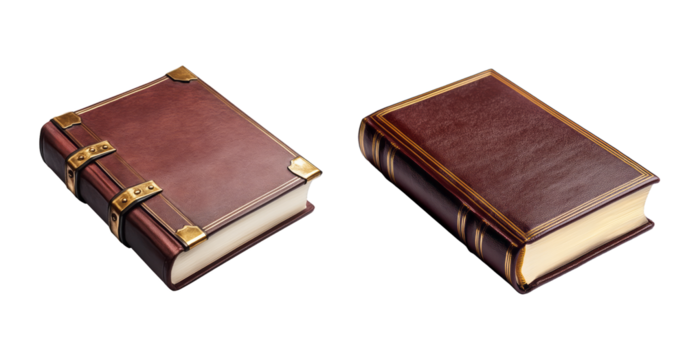 Collection of two antique leather-bound books with brass clasps, isolated on a transparent background, ideal for vintage literature concept