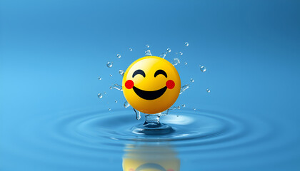 Happy emoji dropped in water background.5000x2857px.