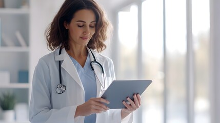 Tech savvy female doctor reviewing patient data on digital tablet near bright window