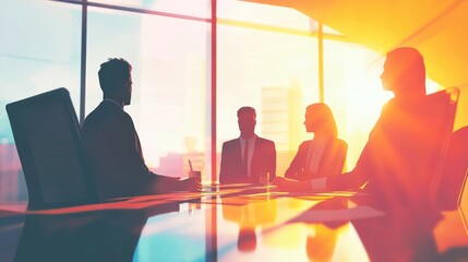 business meeting, executives in a boardroom sharing ideas and reviewing business plans illustrations