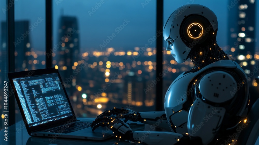 Poster a robot is sitting at a desk with a laptop in front of him