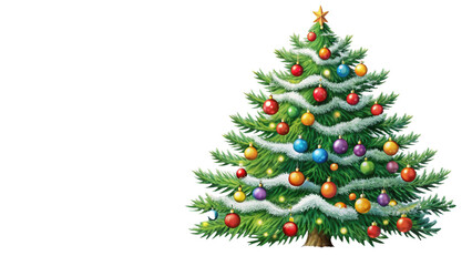 Fototapeta premium Christmas tree with colorful ornaments and a shining star, set against a snowy landscape.