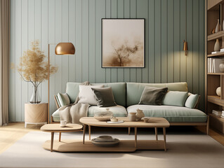 Living room interior in modern and classic styles with wooden panneling, bronze metallic accents and large artwork. Neutral and sage colors interior with wooden wall panels