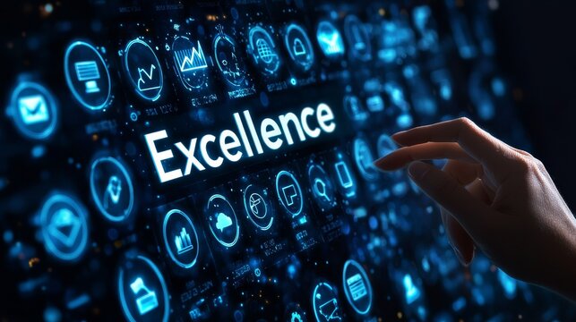 A digital screen displaying the word "Excellence", with icons representing different levels of customer service 