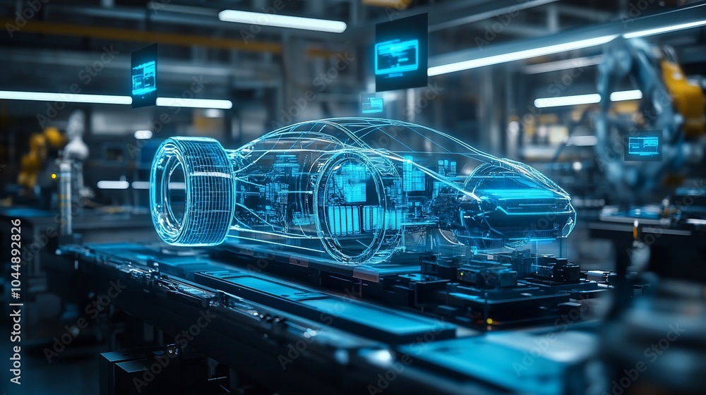 Aufkleber A 3D holographic projection of a car being assembled on an automated manufacturing line in a factory.