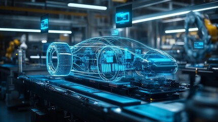 A 3D holographic projection of a car being assembled on an automated manufacturing line in a factory.