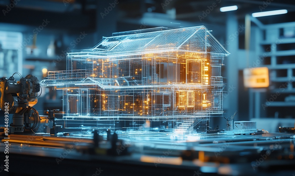 Poster a 3d model of a house with glowing lines, representing smart home technology, in a workshop setting.