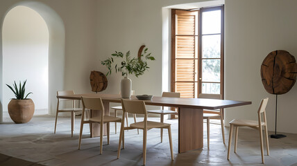 Fototapeta premium Modern dining room featuring a wooden table, minimalist chairs, potted plants, and large windows with natural light.
