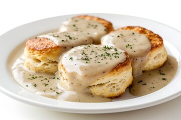 A plate filled with biscuits covered in rich and savory gravy