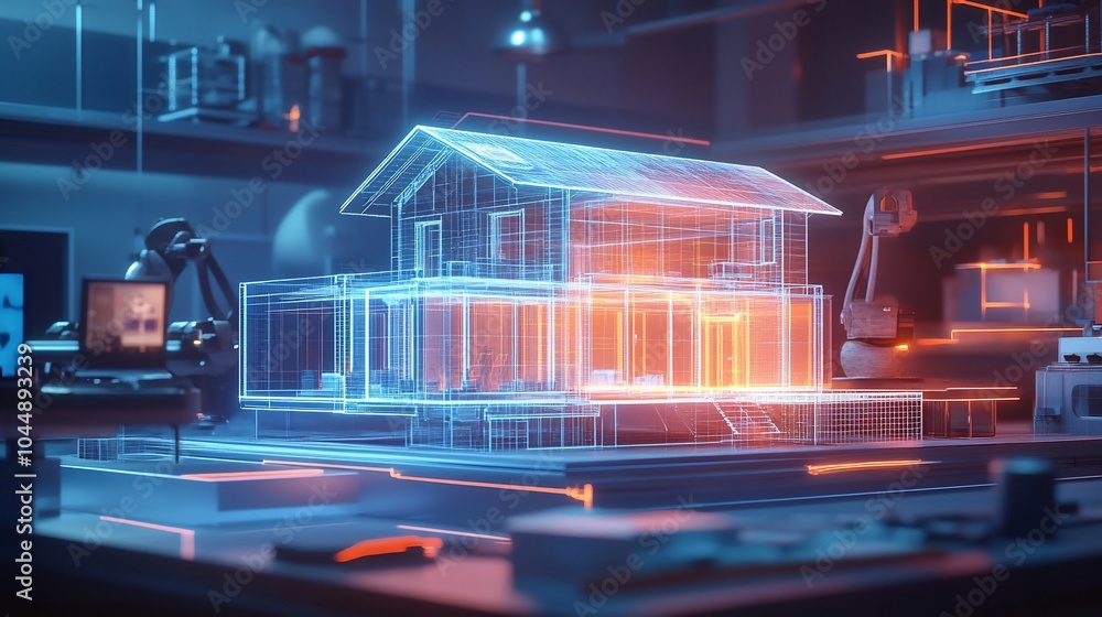 Poster A 3D wireframe model of a house in a futuristic laboratory setting with glowing blue and orange lights, representing smart home technology.