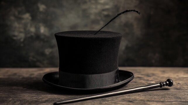 A top hat placed on a stage with a wand beside it, symbolizing mystery, magic