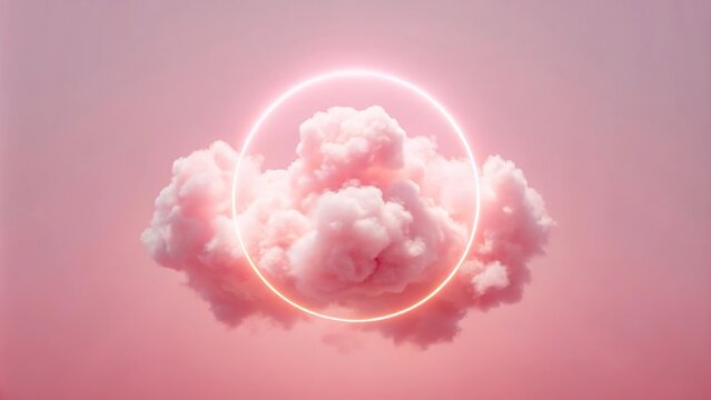 Single minimalistic puffy cloud with pink lights and circle in sky