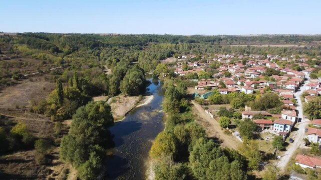 Amazing Aerial view of Vit river, passing near village of Aglen, Lovech Region, Bulgaria
