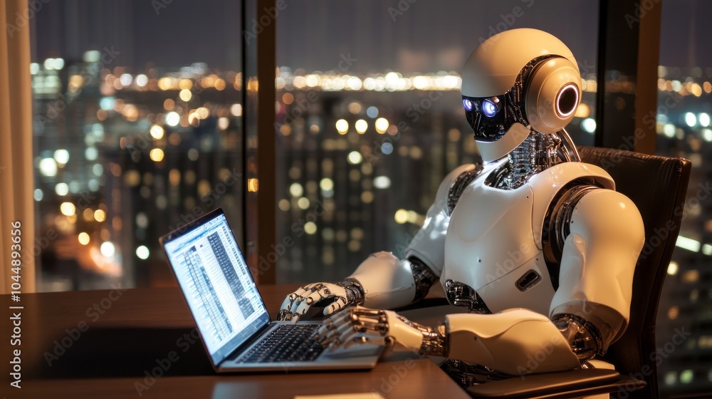Aufkleber a robot is sitting at a desk with a laptop in front of it