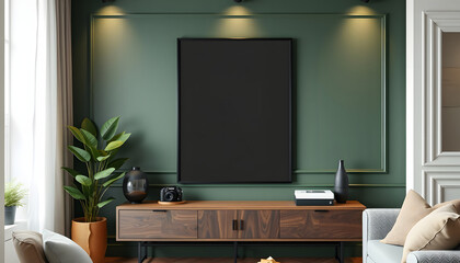 Stylish living room interior at elegant apartment with black mock up poster frame, plant, camera, box and elegant accessories on the shelf. Green wood panelling. Modern home staging. Template isolat