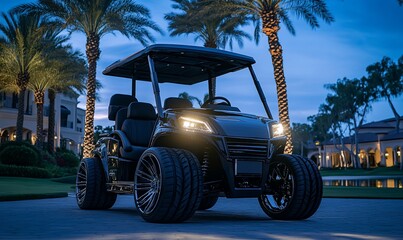 A black golf cart with large tires and headlights on a paved driveway in front of a golf course at dusk.
