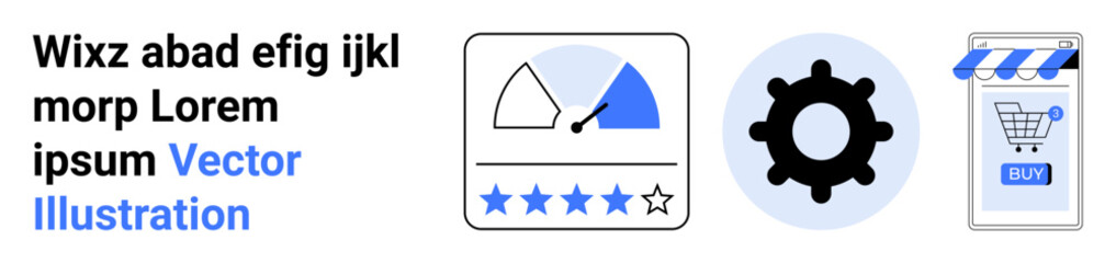 Speedometer with star rating showing performance, gear symbolizing settings, and shopping cart for online store. Ideal for business analytics, e-commerce, online shopping, customer reviews