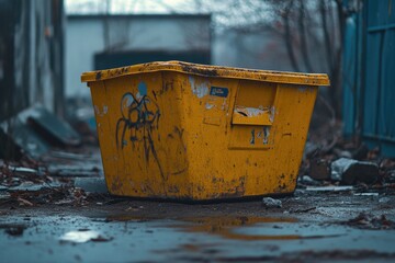 Naklejka premium A single yellow trash can sits on the ground, waiting for disposal