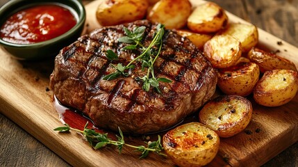 Perfectly grilled steak garnished with fresh herbs and served with golden roasted potatoes and a side of savory sauce, ideal for culinary websites and menus. . 