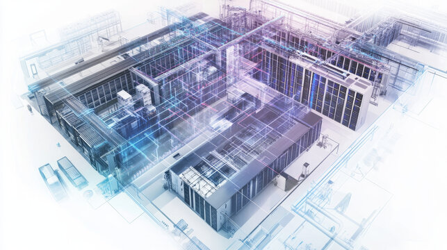 detailed architectural layout of data center, showcasing organized server racks and infrastructure. design emphasizes efficiency and modern technology, creating visually striking representation of
