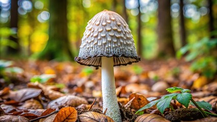 Single shaggy ink cap mushroom in forest aerial view