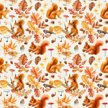 Cute squirrels, forest elements seamless watercolor pattern, autumn oak leaves, mushrooms, birds and acorns for textile
