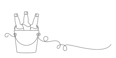 Beer bottles with bucket in line art style. Party vector elements.