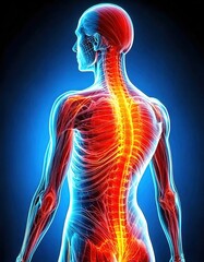 A detailed illustration of the human spine and nervous system, highlighting their complex structure with vibrant colors and luminous effects.