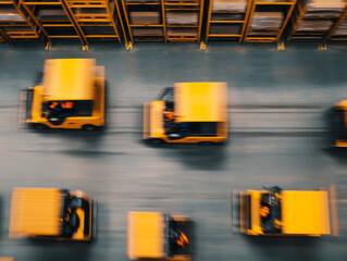 Efficient warehouse with forklifts moving swiftly among shelves, showcasing busy environment. scene captures dynamic nature of logistics and operations