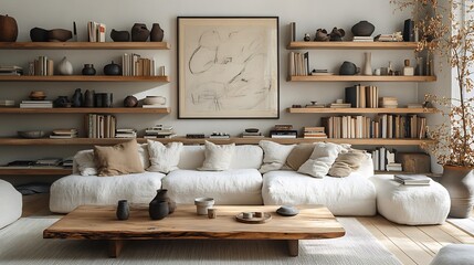 Modern Scandinavian living room light wood floors a white sofa minimalist coffee table and wooden shelves filled with books and vases framed art on the walls