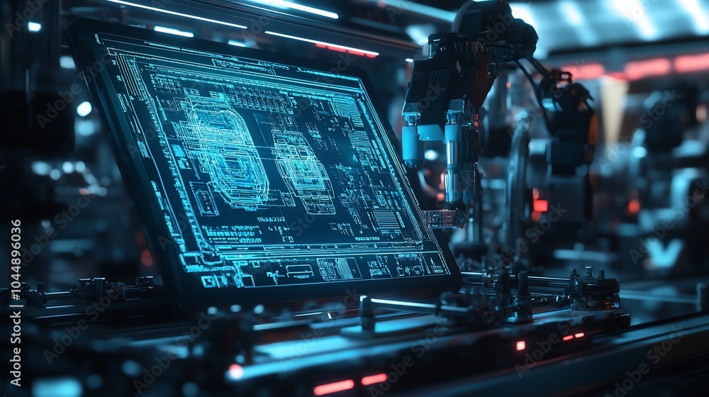 Fototapete A close-up of a futuristic computer screen displaying a technical blueprint, with a robotic arm in the background.