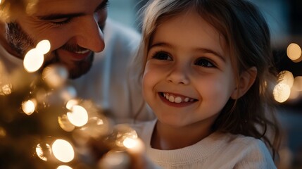 A father and daughter smile at each other while looking at Christmas lights.