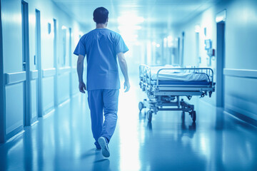 Minimalist hospital corridor scene with male nurse in blue uniform