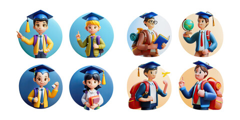 Fototapeta premium Diverse Students in Graduation Caps and Gowns, PNG collection, set bundle, isolate on transparent or white background