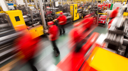 Efficient workers in red uniforms navigate industrial factory, showcasing motion blur that emphasizes dynamic work environment. scene captures essence of productivity and teamwork