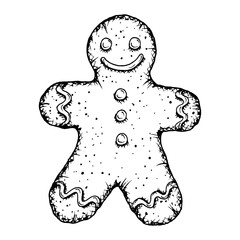 Merry Christmas treat, gingerbread man with icing. New Year vector illustration hand drawn with ink. Symbol of winter mood. New Year sweetness for bakery packaging, printing, gifts and handicrafts.