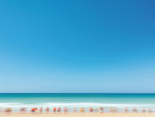 Fototapeta premium vibrant scene of motion blur captures surfers heading into ocean under clear blue sky, evoking sense of excitement and adventure