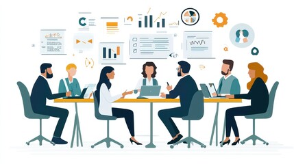 Fototapeta premium hybrid business team, diverse team members joining meetings both in-person and virtually, working on business tasks illustrations