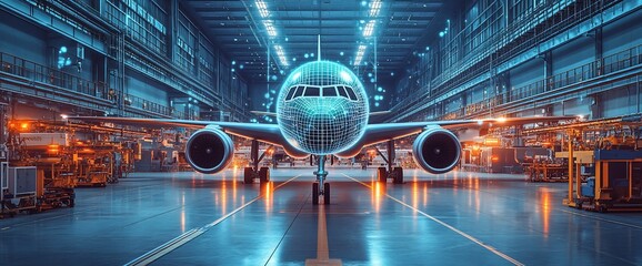 Obraz premium A commercial airplane in a hangar with bright lights.