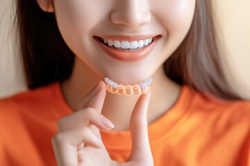 A woman holds up a clear aligner to examine it, potentially considering orthodontic treatment