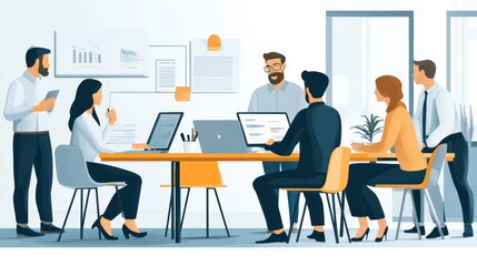 professional business team, skilled business professionals discussing strategies and solutions in a modern office illustrations