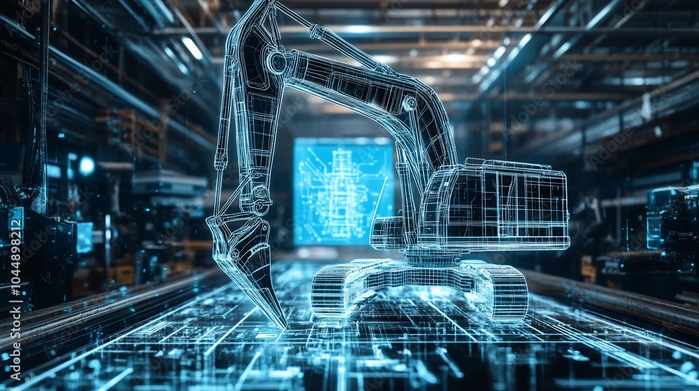Poster a digital rendering of an excavator in a factory setting, with blue glowing lines.