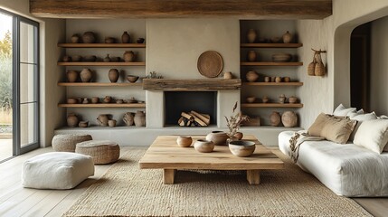 Nordicinspired living room a simple wooden coffee table beige couch wooden shelves filled with ceramic vases fireplace rustic dcor light wood floors and natural lighting