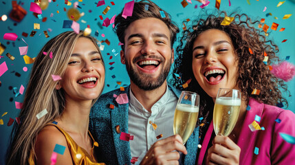 Happy group of friends celebrating with champagne and confetti on blue background. Smiling men and women toasting together at joyful party, enjoying fun event with excitement and laughter.