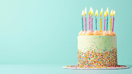 Birthday cake with burning candles blue background. Celebrate happy day with sweet dessert decoration, colorful party invitation design. Glowing flame, copy space message.