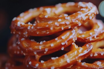 A stack of pretzels forming a tower, perfect for snacking or decorative use