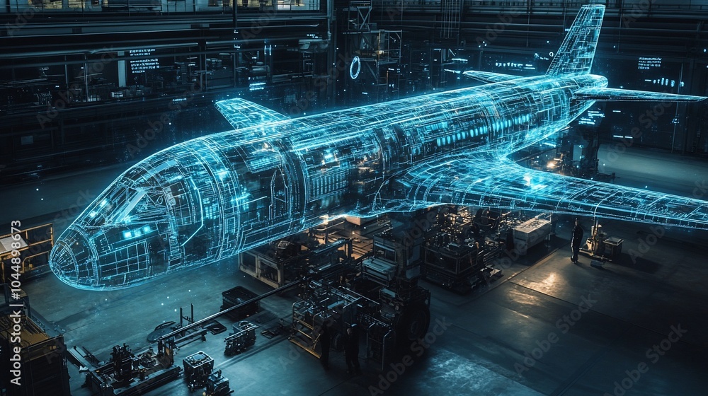 Aufkleber A digital rendering of an airplane in a factory setting, with workers visible in the background.